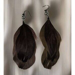 Vtg Brown Boho Chic Real Feather Rhinestone Accent Dangle Earring 4 1/2" Costume